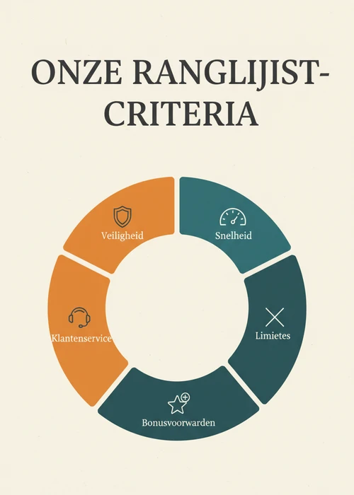 Onze ranglijst-criteria voor Trustly casinos als donut: veiligheid, snelheid, limieten, bonusvoorwaarden en klantenservice.