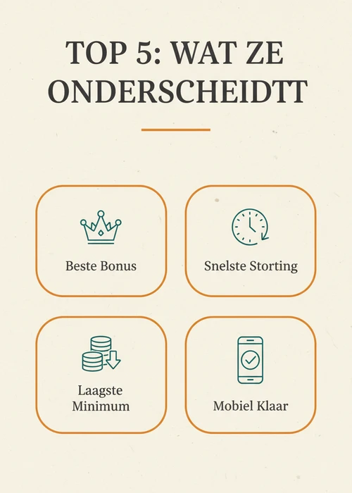 Wat de top 5 Trustly casino's onderscheidt: beste bonus, snelste storting, laagste minimum en mobiel klaar.